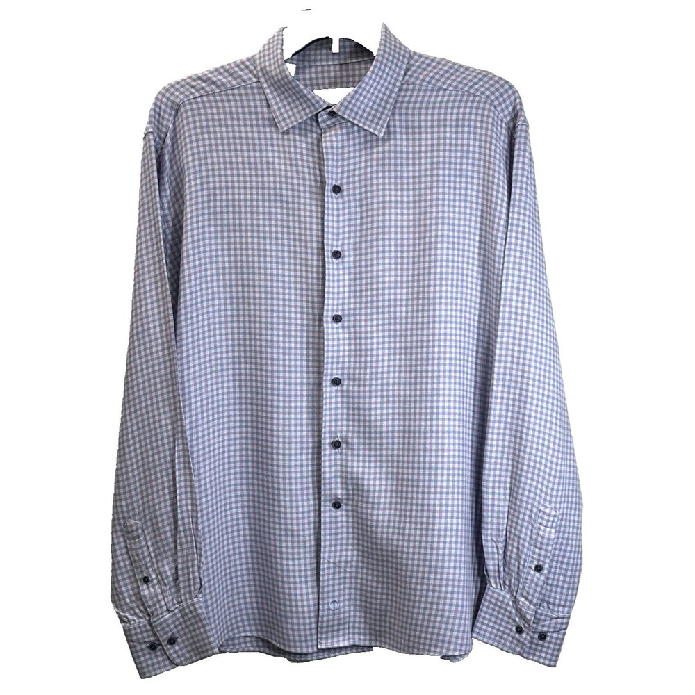 David Donahue Dress Shirt Sz 17.5 XL Fusion Gingham Check Button Up Linen Blend